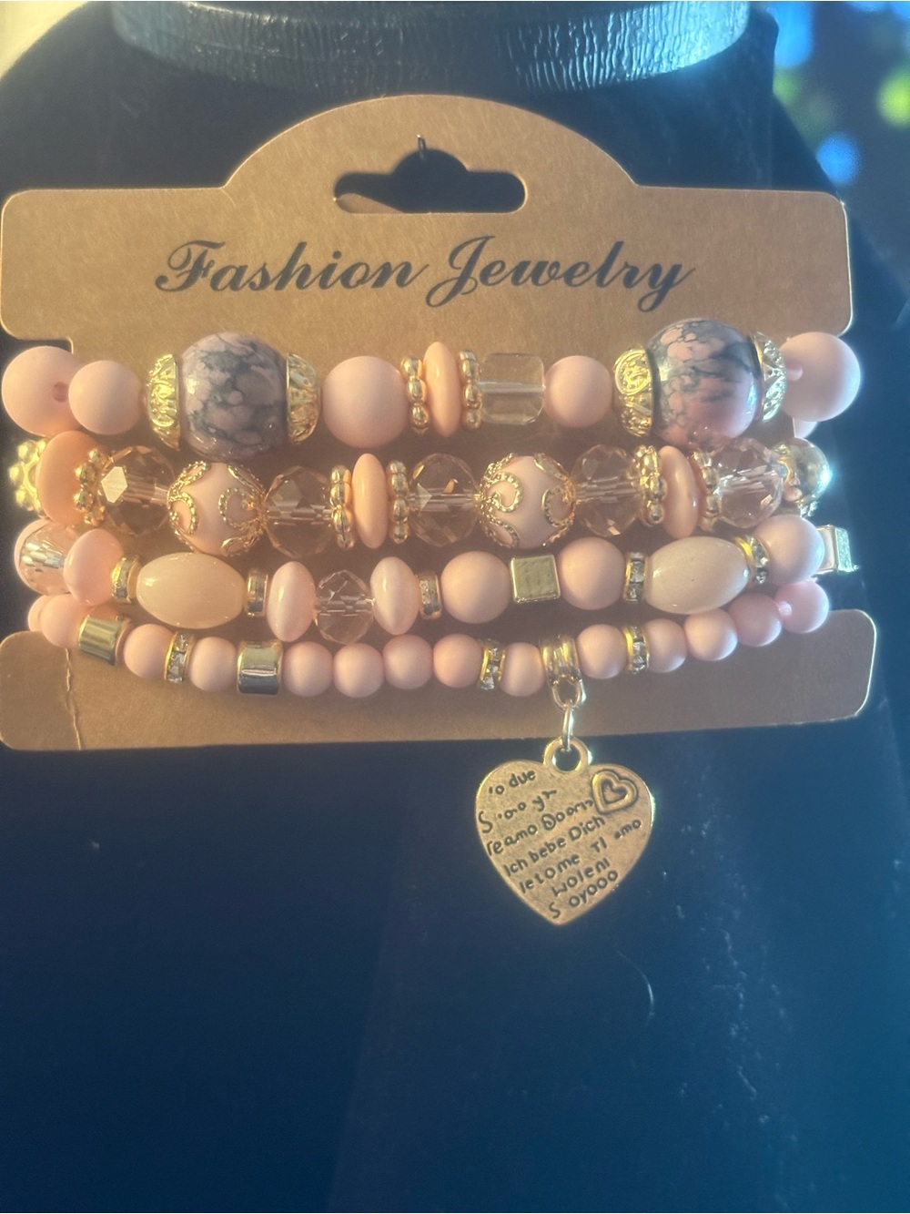 Fashion Jewelry Blush Pink Beaded Bracelet Set with Gold Heart Charm